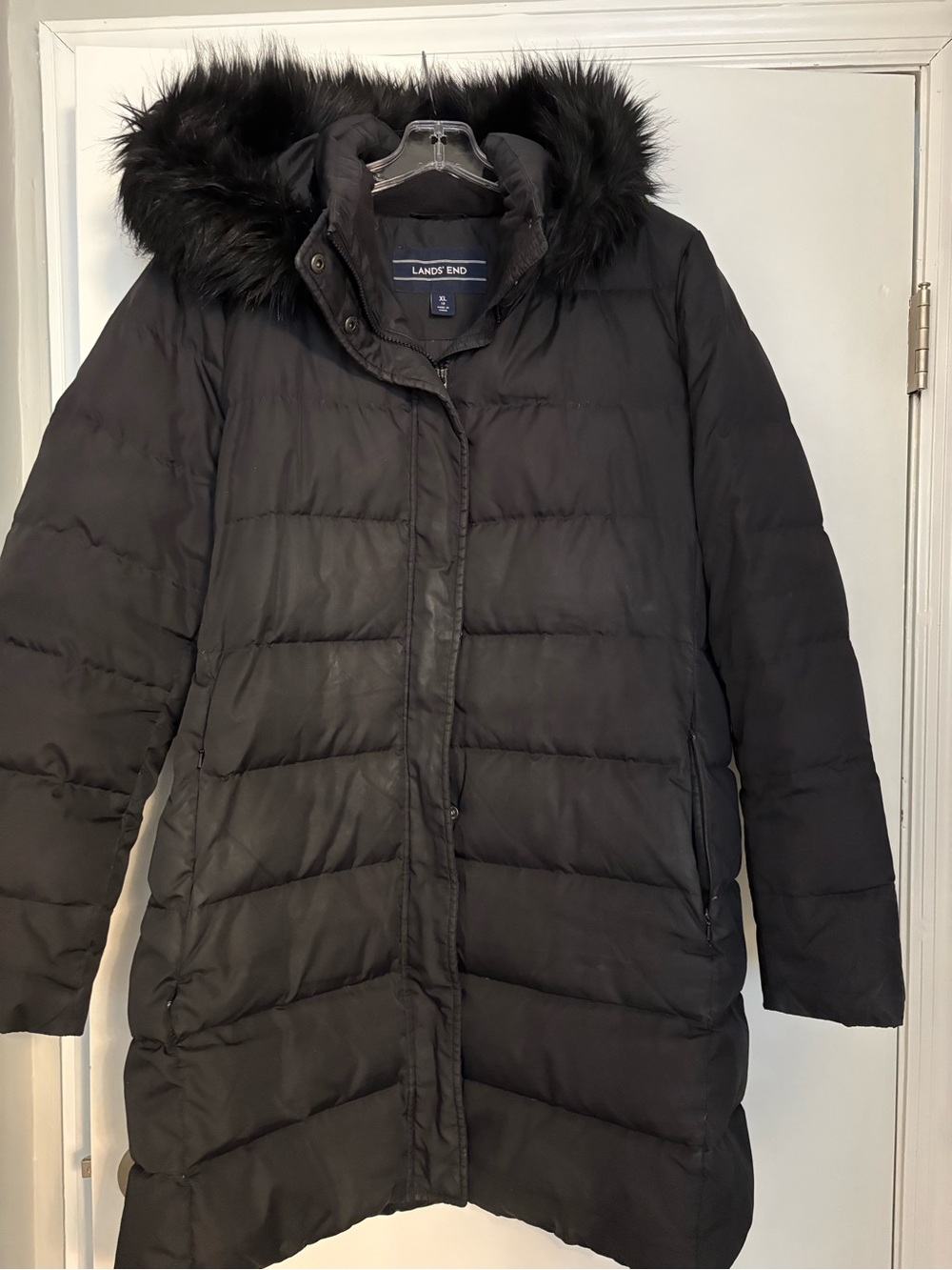 Lands' End Women's Black Puffer Coat with Removable faux -Fur Hood